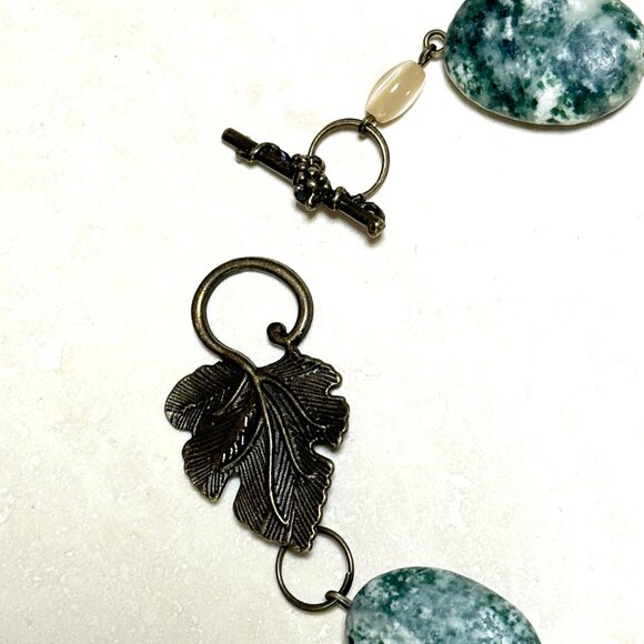 2/$20, Genuine Tree Agate Bracelet, Natural Green Gemstone & Bronze Grape Leaf - Picture 3 of 13